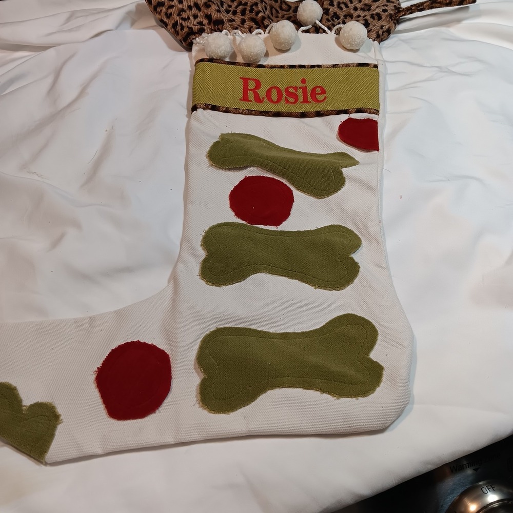 Handmade Pet Christmas Stocking "Rosie" Bones Tassels  Canvas Ruffles EUC